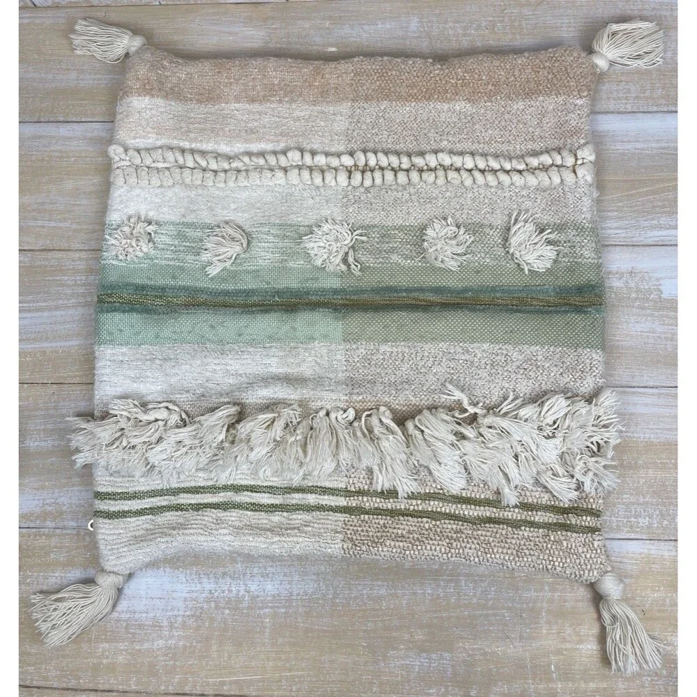 Anthropologie All Roads Beige Green Tan Stripe Pillow Cover w/tassels Boho